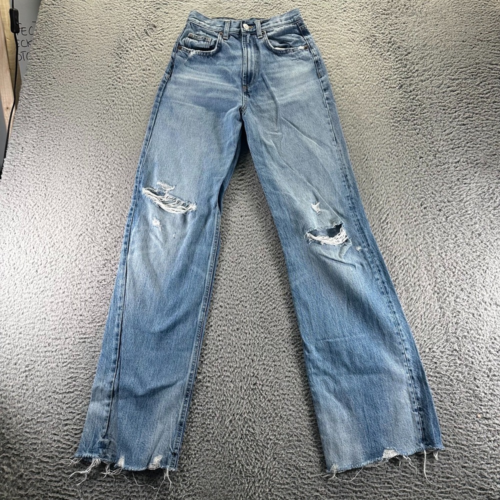 Zara Jeans Womens 2 Blue Cotton Denim Straight Baggy Distressed Faded Raw Hem